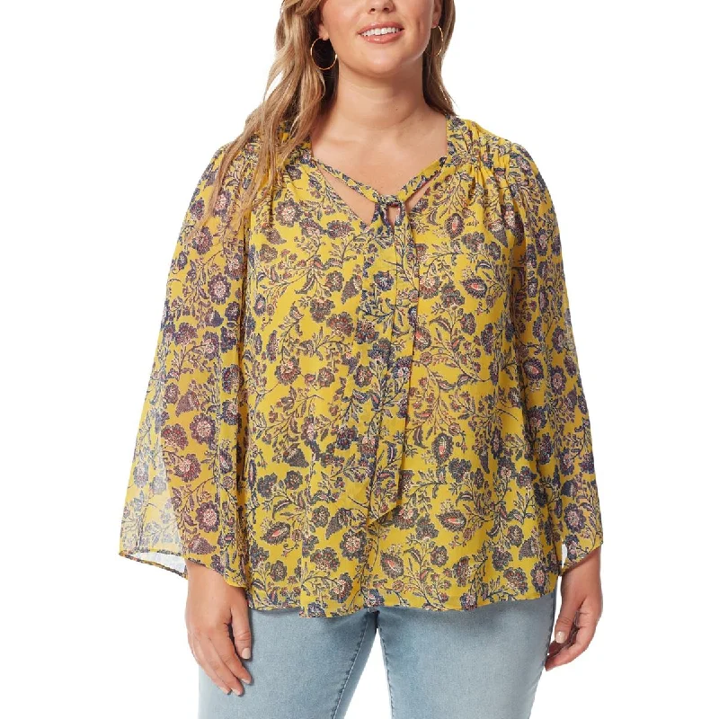 Jessica Simpson Womens Plus Floral Tie-Neck Blouse Boho Chic Blouse