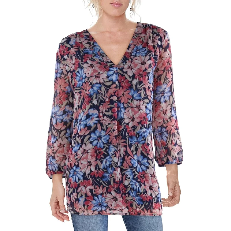Jones New York Womens V Neck Floral Blouse Chic Ruffle Blouse