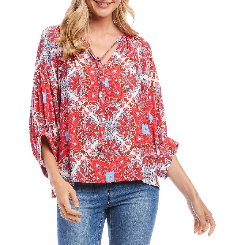 Karen Kane Womens Tie Neck Printed Blouse Lightweight Chiffon Blouse