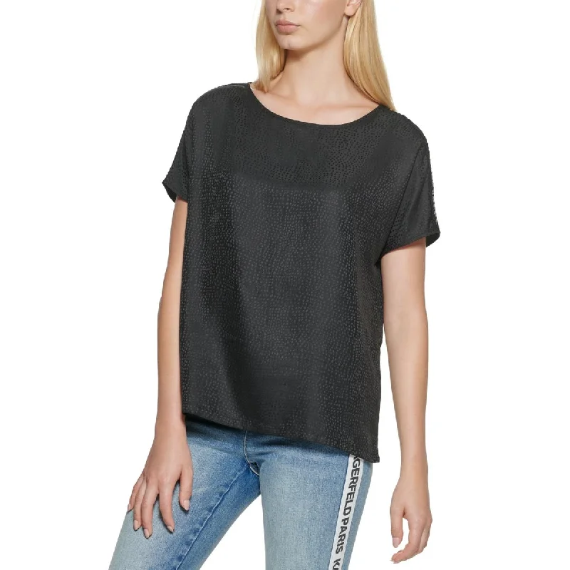 Karl Lagerfeld Paris Womens Crochet Trim Grommet Blouse Casual Relaxed Blouse