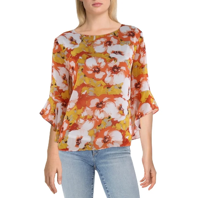 Kasper Womens Petites Floral Bell Sleeve Blouse Relaxed Fit Blouse
