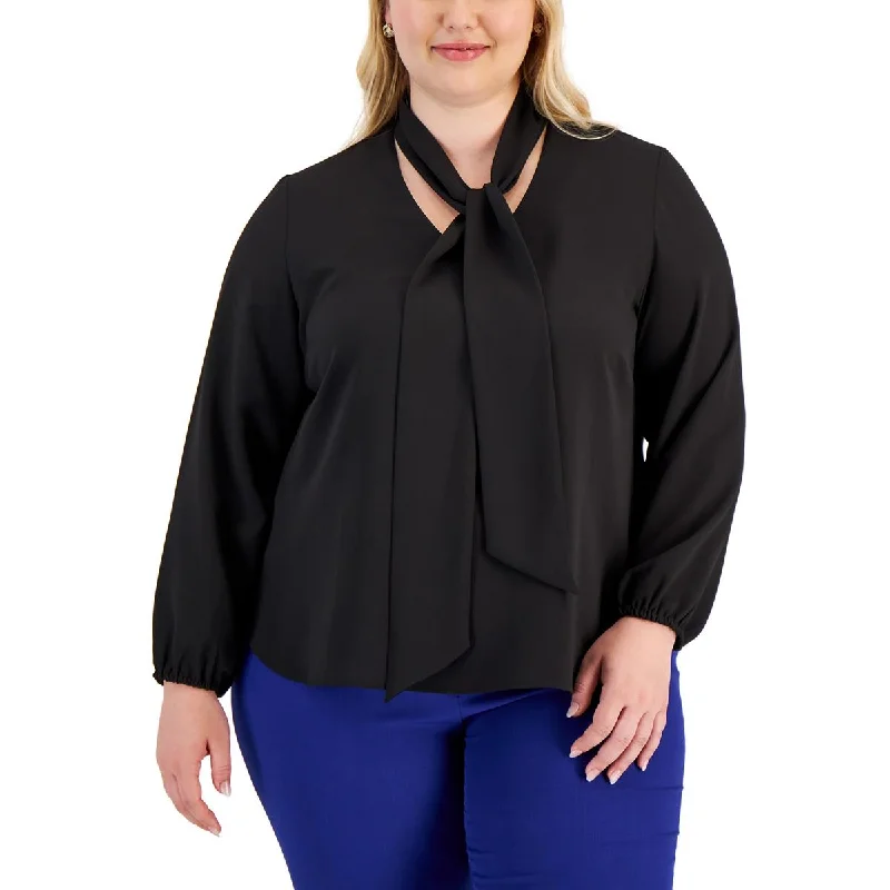Kasper Womens Plus Chiffon Tie Neck Blouse Subtle Shimmer Blouse
