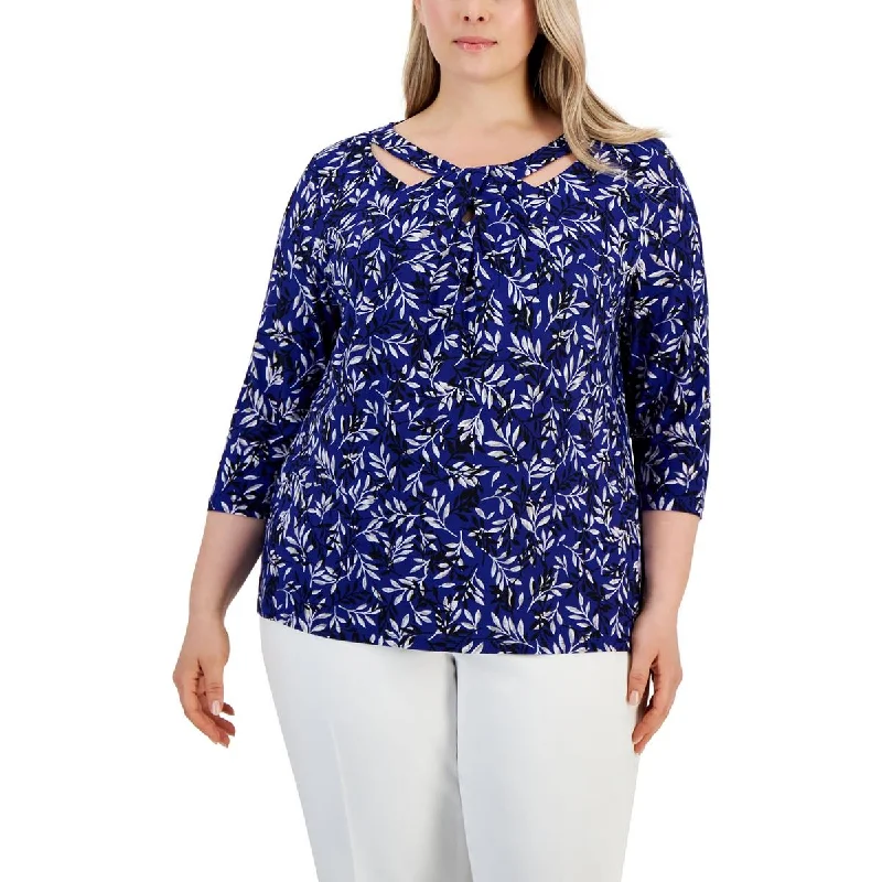 Kasper Womens Plus Cutout Printed Blouse Subtle Shimmer Blouse