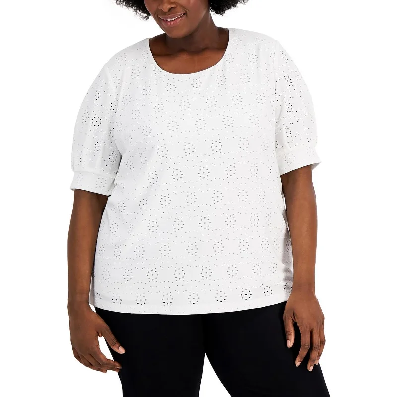 Kasper Womens Plus Eyelet Puff Sleeve Blouse Casual Relaxed Fit Blouse