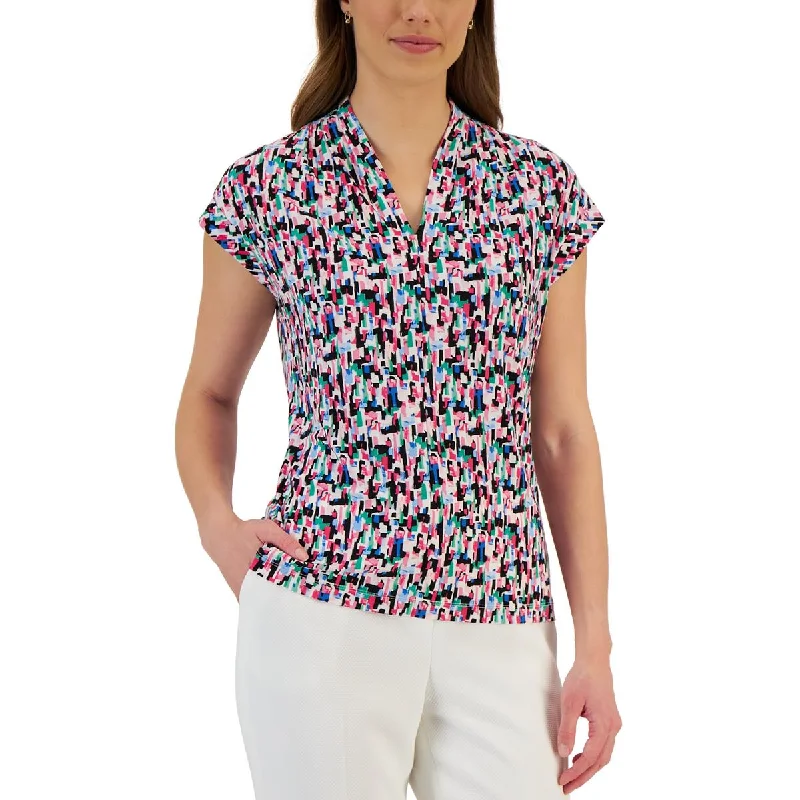 Kasper Womens Split Neck Printed Blouse Stylish Wrap Blouse