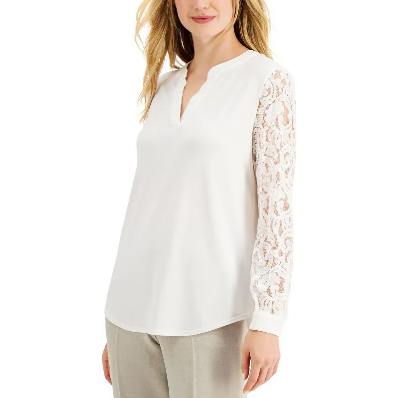 Kasper Womens V-Neck Lace Sleeve Blouse Semi-Sheer Blouse