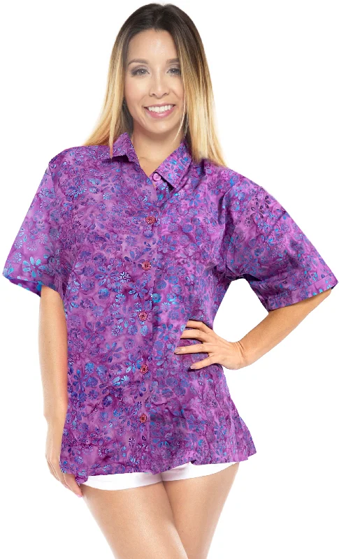 LA LEELA Women's Beach Button Down Short Sleeve Casual 100% cotton Floral hand printed Blouse Purple Elegant Lace Blouse LA LEELA Women's Beach Button Down Short Sleeve Casual 100% cotton Floral hand printed Blouse Purple Elegant Lace Blouse