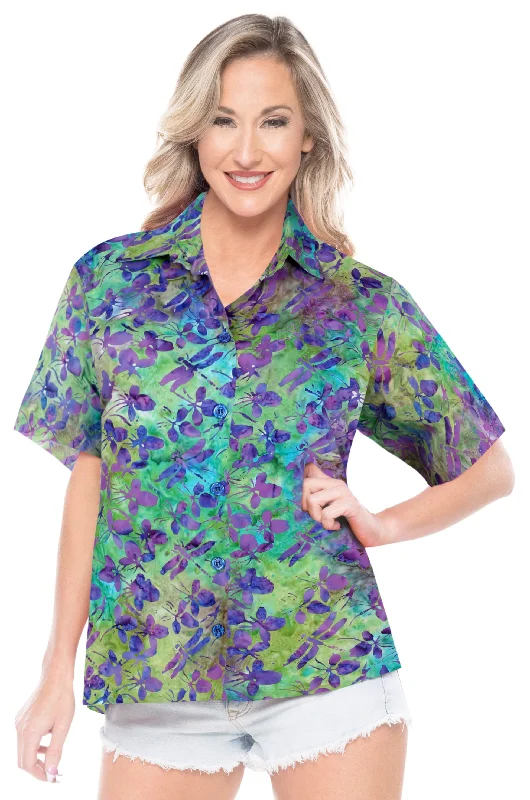 LA LEELA Women's Hawaiian  Button Down Short Sleeve Casual  100 % cotton hand printed Blouse Turquoise Satin Bow Blouse