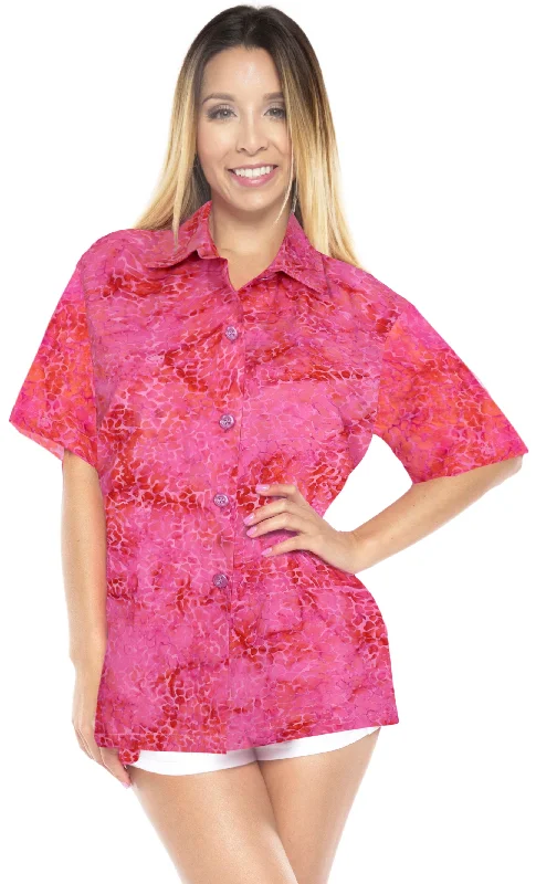 LA LEELA Women's Beach Button Down Short Sleeve Casual hand printed 100% cotton Blouse Pink Frilled Cuff Blouse LA LEELA Women's Beach Button Down Short Sleeve Casual hand printed 100% cotton Blouse Pink Frilled Cuff Blouse