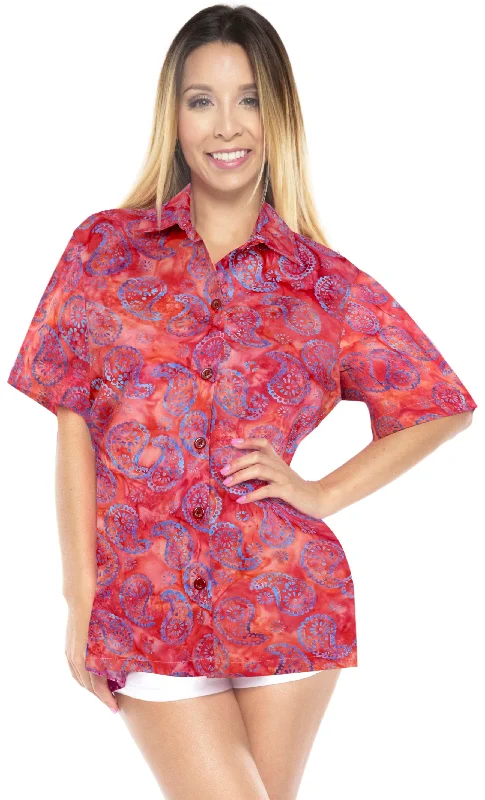 LA LEELA Women's Beach Button Down Short Sleeve Casual 100% cotton  hand printed Blouse Red Vintage Lace Blouse