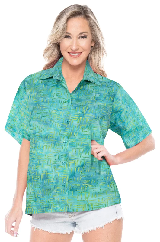 LA LEELA Women's Beach Button Down Short Sleeve Casual hand printed Blouse Turquoise Business Casual Blouse