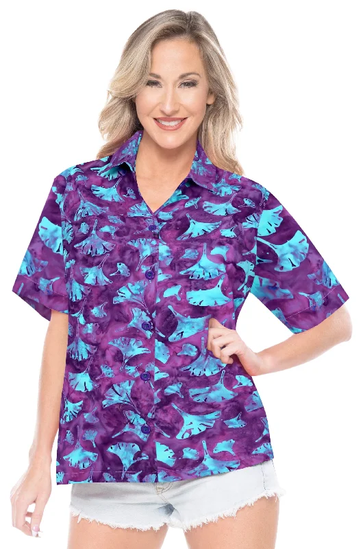 LA LEELA Women's Beach Button Down Short Sleeve Casual Floral leaf hand printed Blouse Purple Drape Neck Blouse