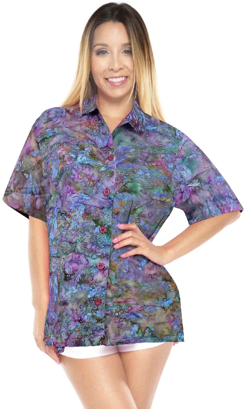 LA LEELA Women's Beach Button Down Short Sleeve Casual leaf hand printed Blouse Turquoise Elegant Embroidery Blouse