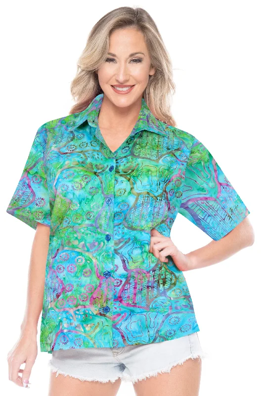 LA LEELA Women's Beach Button Down Short Sleeve Casual 100% cotton hand printed Blouse Multicolor Peter Pan Collar Blouse LA LEELA Women's Beach Button Down Short Sleeve Casual 100% cotton hand printed Blouse Multicolor Peter Pan Collar Blouse