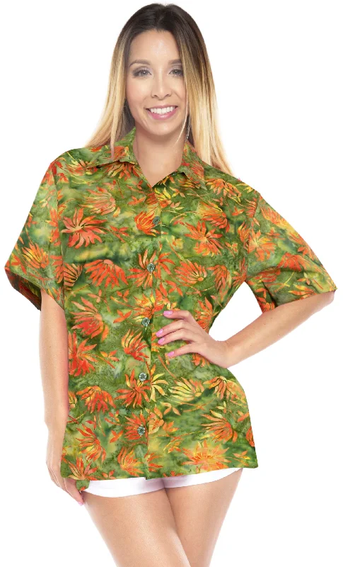 LA LEELA Women's Beach Button Down Short Sleeve Casual Floral hand printed 100% cotton Blouse Green Side Tie Blouse LA LEELA Women's Beach Button Down Short Sleeve Casual Floral hand printed 100% cotton Blouse Green Side Tie Blouse