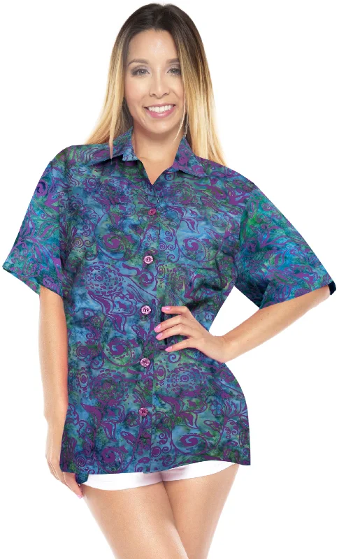 LA LEELA Women's Beach Button Down Short Sleeve Casual Floral hand printed Blouse Multicolor Collared Satin Blouse LA LEELA Women's Beach Button Down Short Sleeve Casual Floral hand printed Blouse Multicolor Collared Satin Blouse