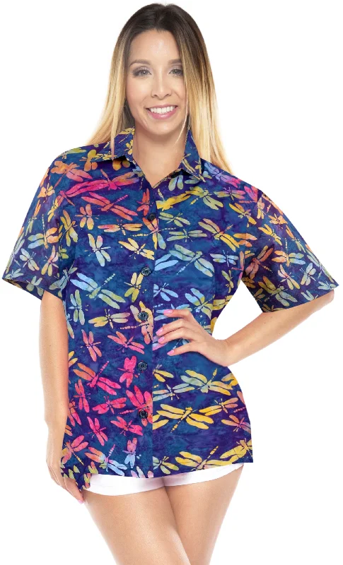 LA LEELA Women's Beach Button Down Short Sleeve Casual Fly Batik hand printed Blouse Blue Off-Shoulder Wrap Blouse LA LEELA Women's Beach Button Down Short Sleeve Casual Fly Batik hand printed Blouse Blue Off-Shoulder Wrap Blouse