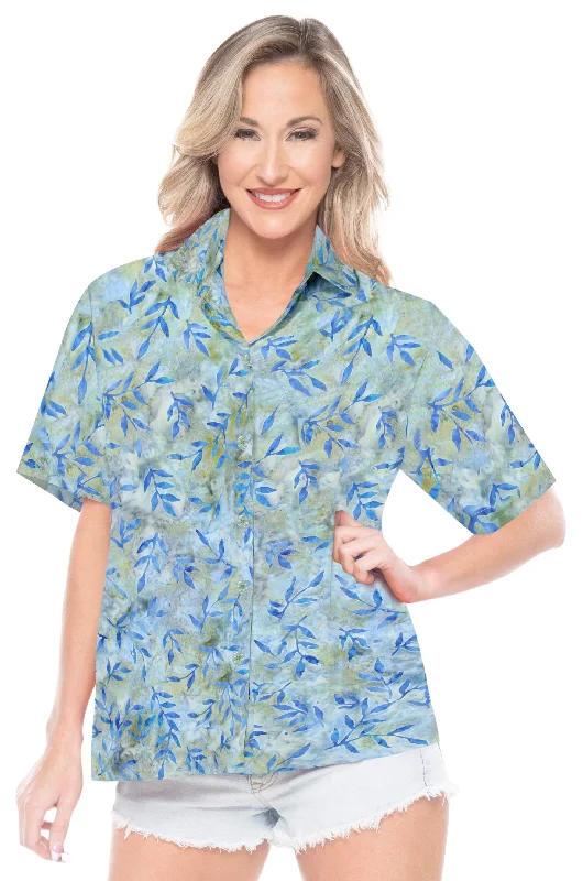 LA LEELA Women's Beach Button Down Short Sleeve Casual Leaf hand printed Blouse sky Blue Modern Work Blouse LA LEELA Women's Beach Button Down Short Sleeve Casual Leaf hand printed Blouse sky Blue Modern Work Blouse