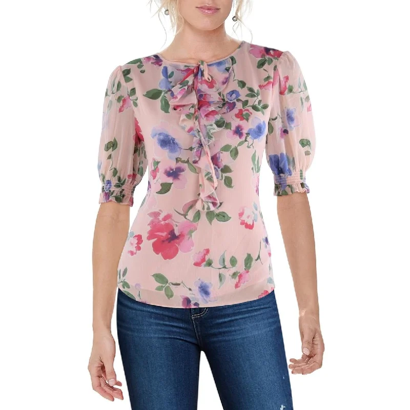 Lauren Ralph Lauren Womens Ruffled Floral Blouse Silky Draped Blouse