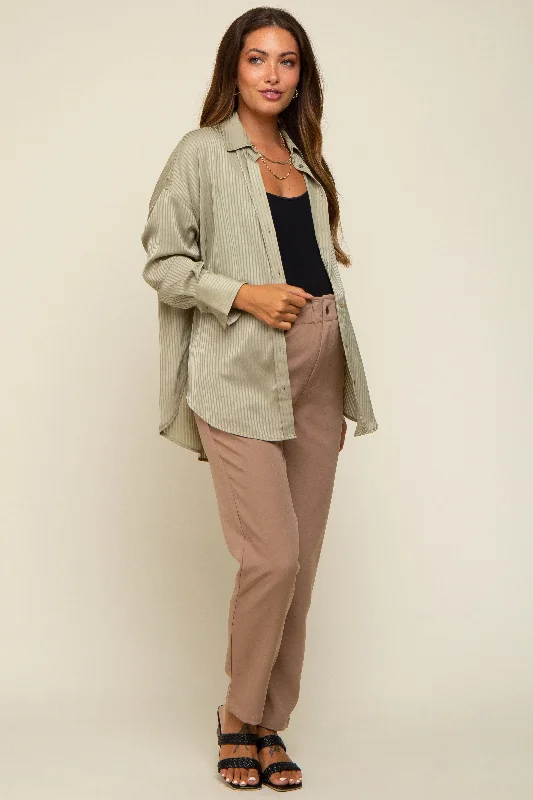 Light Olive Striped Silky Maternity Button Down Blouse Loose Fit Blouse