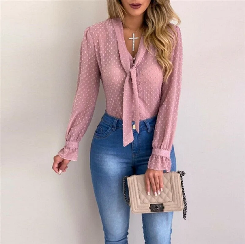 Long Sleeve Women Blouses Shirts Sexy V Neck Female Ladies Mesh Sheer Long Sleeve Top Shirt Blouse Casual Tee Shirt Silky Tunic Blouse