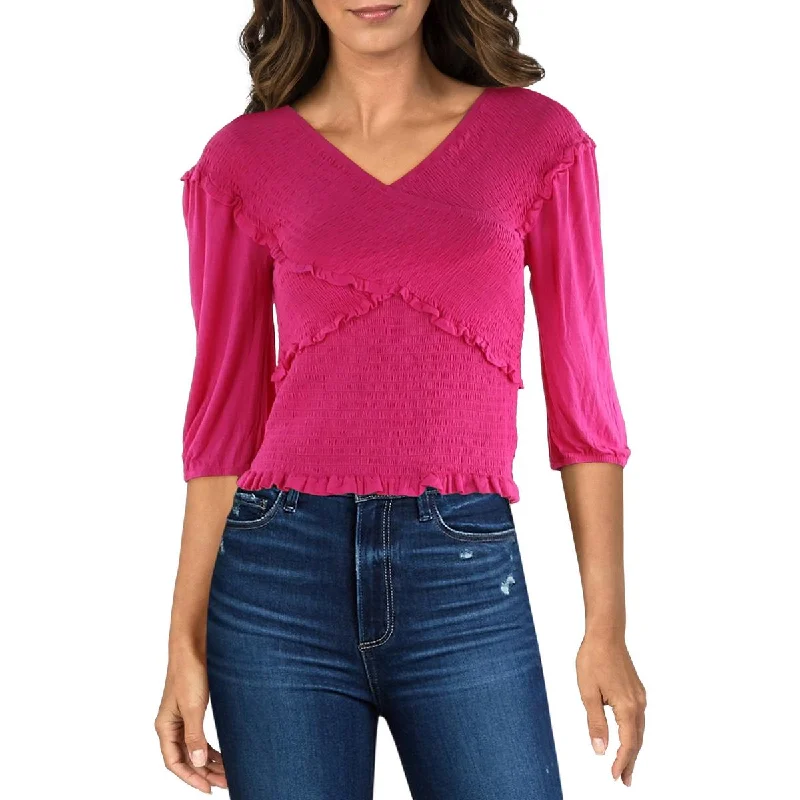 Luv Betsey by Betsey Johnson Womens Smocked Surplice Blouse Side Tie Blouse