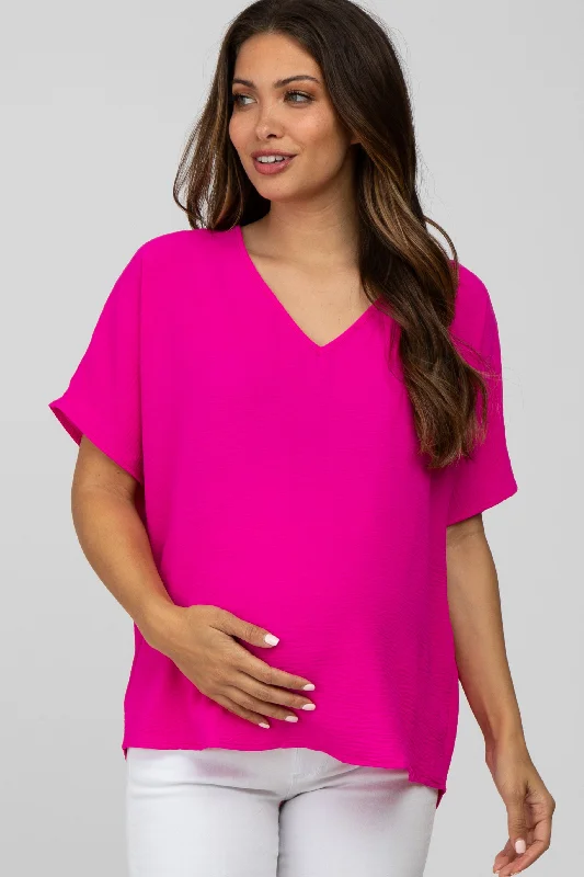 Magenta Short Sleeve Maternity Blouse Playful Puff Blouse