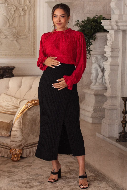 Magenta Textured Mock Neck Maternity Blouse Elegant Semi-Sheer Blouse