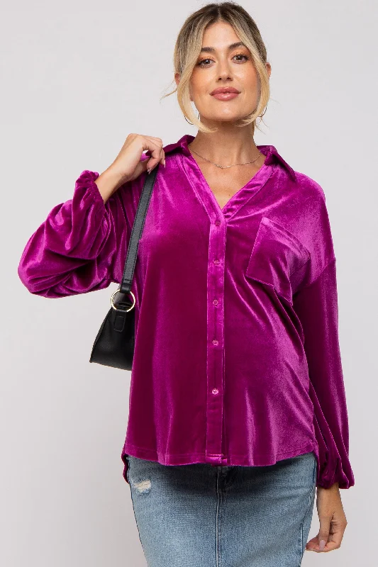 Magenta Velvet Button Front Collared Maternity Blouse Playful Puff Blouse