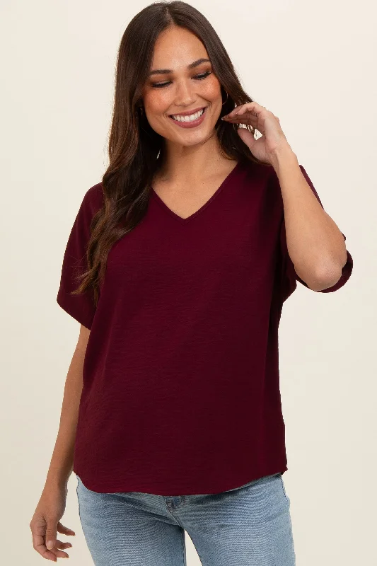 Merlot Short Sleeve Maternity Blouse Satin Bow Blouse