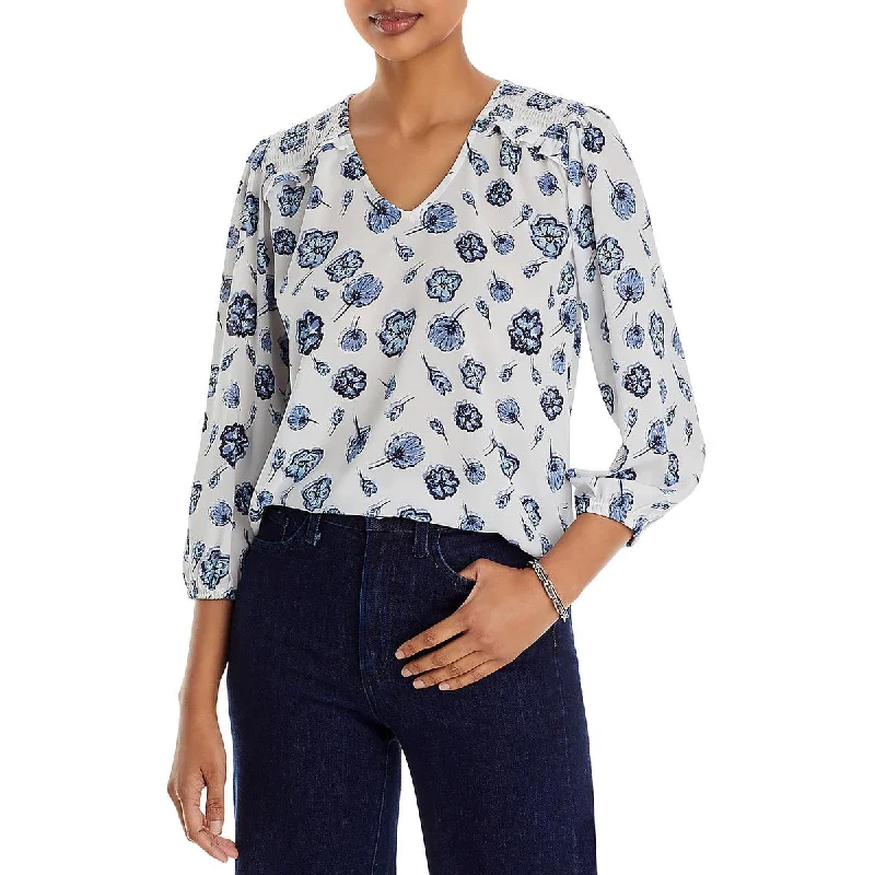 Milano Womens Smocked Floral Print Blouse Modern Oversized Blouse
