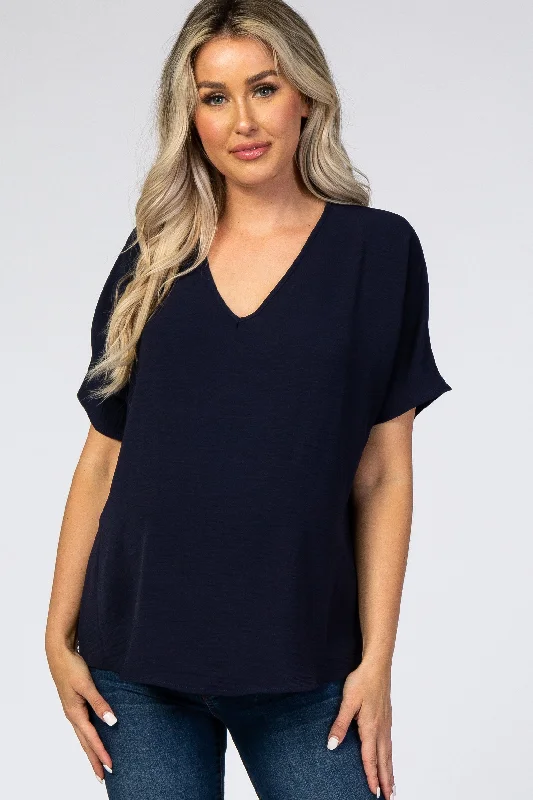 Navy Short Sleeve Maternity Blouse Elegant Office Blouse