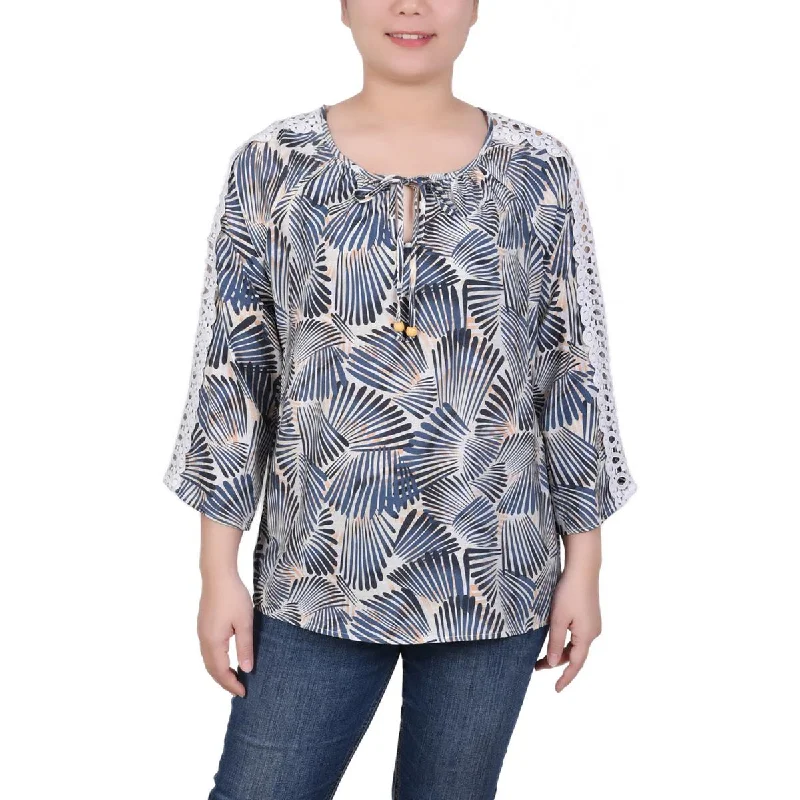 NY Collection Womens Petites Crochet Trim Tie Neck Blouse Stretchy Fitted Blouse