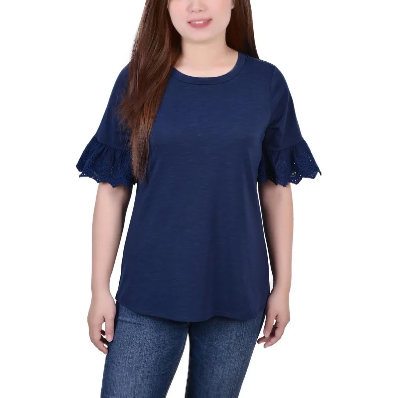 NY Collection Womens Petites Embroidered Bell Sleeve Blouse Stretchy Fitted Blouse