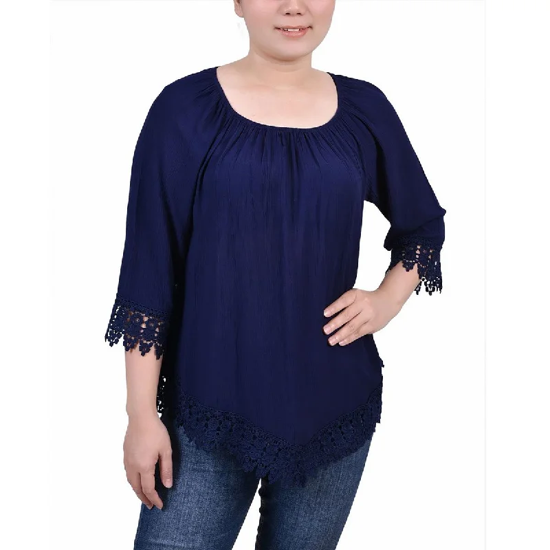 NY Collection Womens Petites Lace Peasant Blouse Feminine Ruffle Blouse