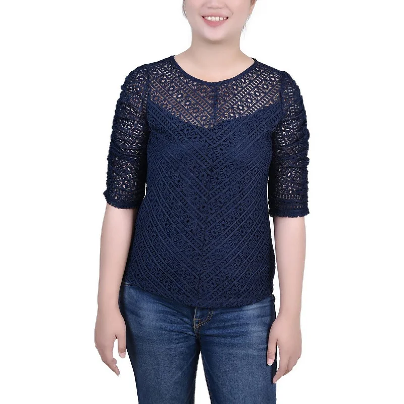NY Collection Womens Petites    Lace Ruched Blouse Satin Long Blouse