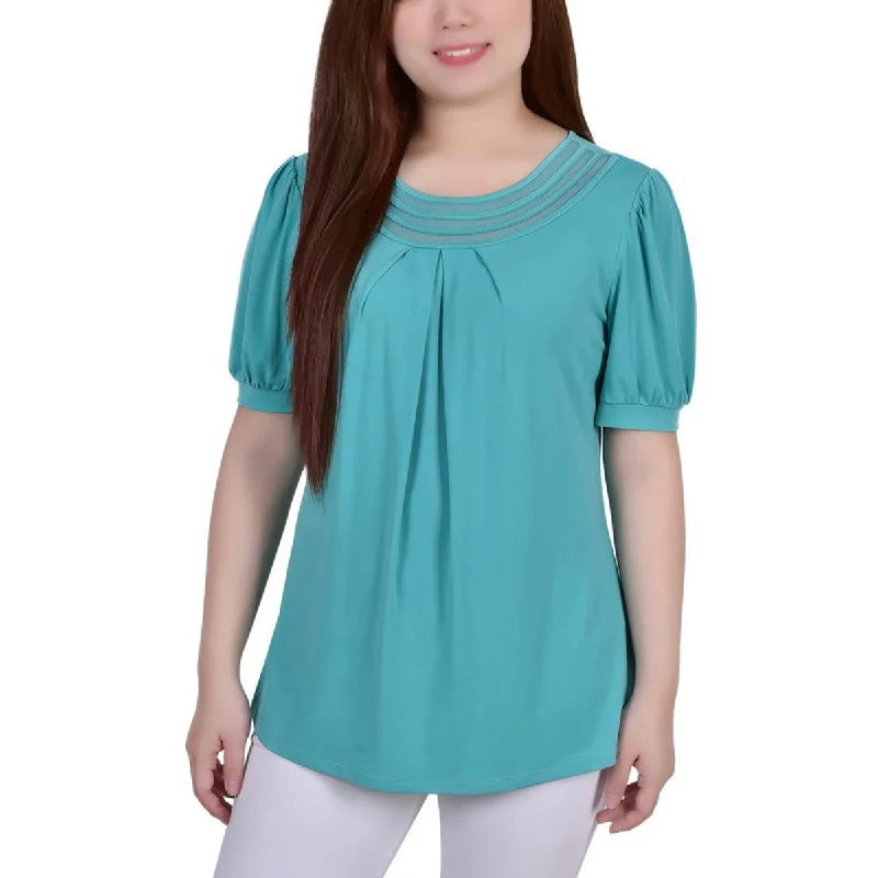 NY Collection Womens Petites Mesh Inset Pleated Blouse Embroidered Floral Blouse