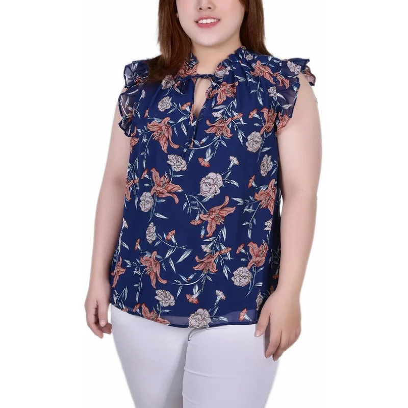 NY Collection Womens Plus Floral Print Casual Blouse Feminine Tie Blouse