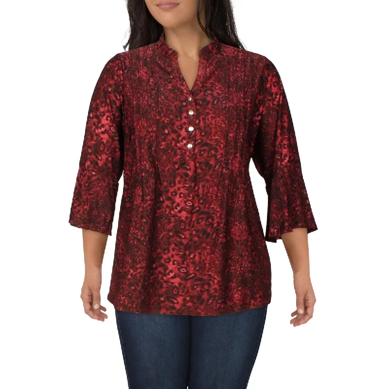 NY Collection Womens Plus Pintuck Button Front Blouse High Neck Blouse