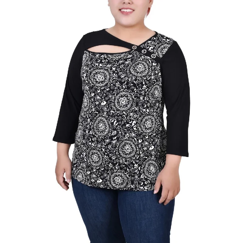 NY Collection Womens Plus Printed Grommet Blouse Frilled Cuff Blouse