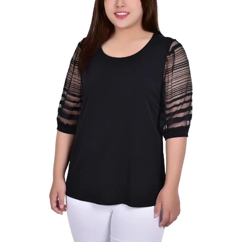 NY Collection Womens Plus Shadow Stripe Crewneck Blouse Embroidered Cotton Blouse