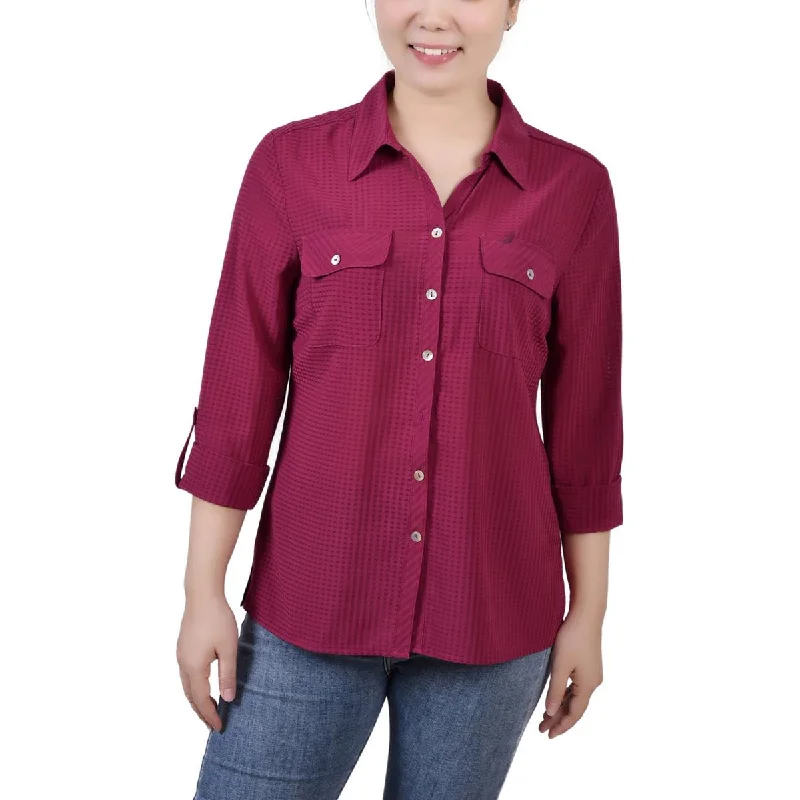 NY Collection Womens Window Pane Collared Blouse Ruffled Neck Blouse