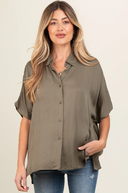 Olive Dolman Sleeve Button Down Maternity Blouse Classic Minimalist Blouse