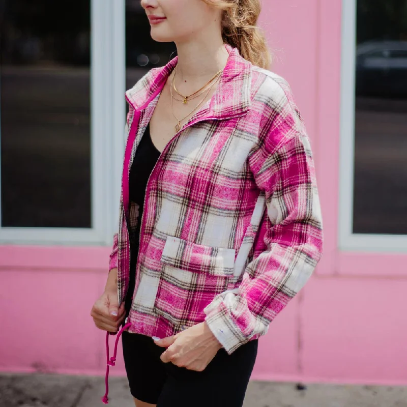 Pink Plaid Cropped Shacket Womens Office Formal Blouse