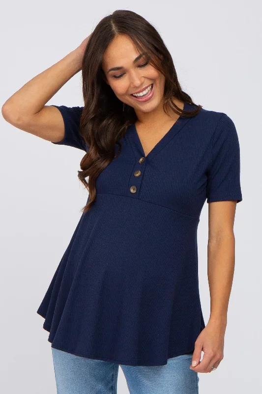 PinkBlush Navy Ribbed Button Accent Maternity Blouse Silky Tunic Blouse