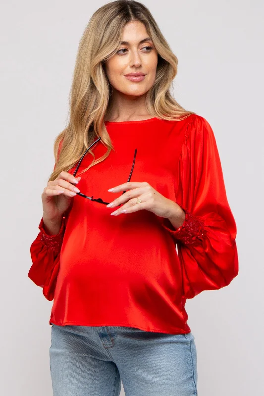 Red Satin Sequin Cuff Maternity Blouse Gathered Detail Blouse