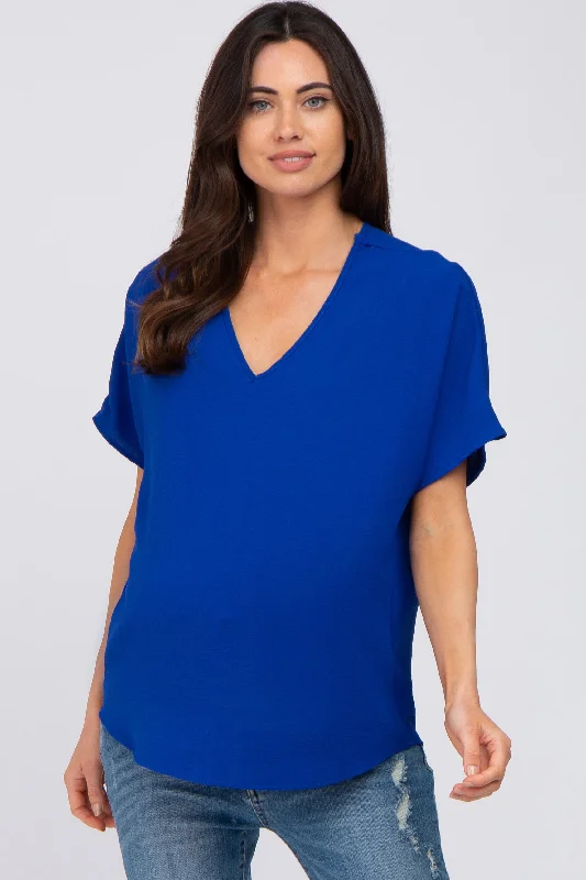 Royal Blue Short Sleeve Maternity Blouse Sweetheart Neck Blouse
