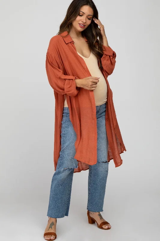Rust Button Front Side Slit Oversized Maternity Blouse Sleeveless Summer Blouse