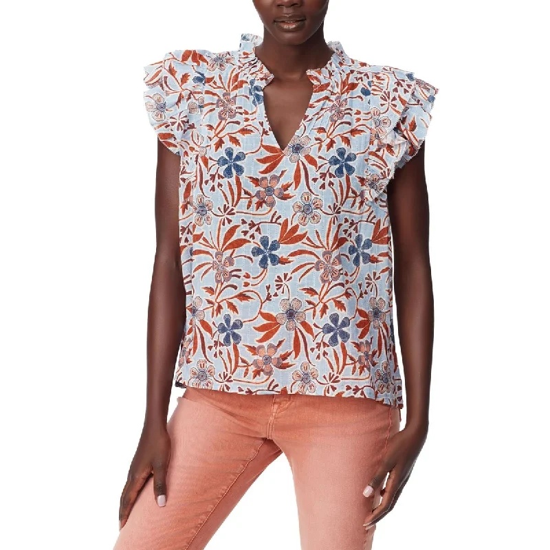 Sam Edelman Womens Chambray Floral Blouse Short Sleeve Blouse