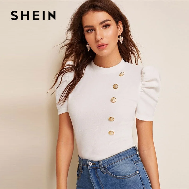 SHEIN Mock-Neck Puff Sleeve Button Front White Blouse Ladies Tops Summer Elegant Slim Fit Solid Short Sleeve Blouse Top Lightweight Linen Blouse
